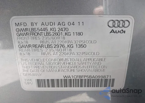 2011 Audi Q5 2.0T Premium из США, поврежденный, VIN WA1CFBFP5BA099871